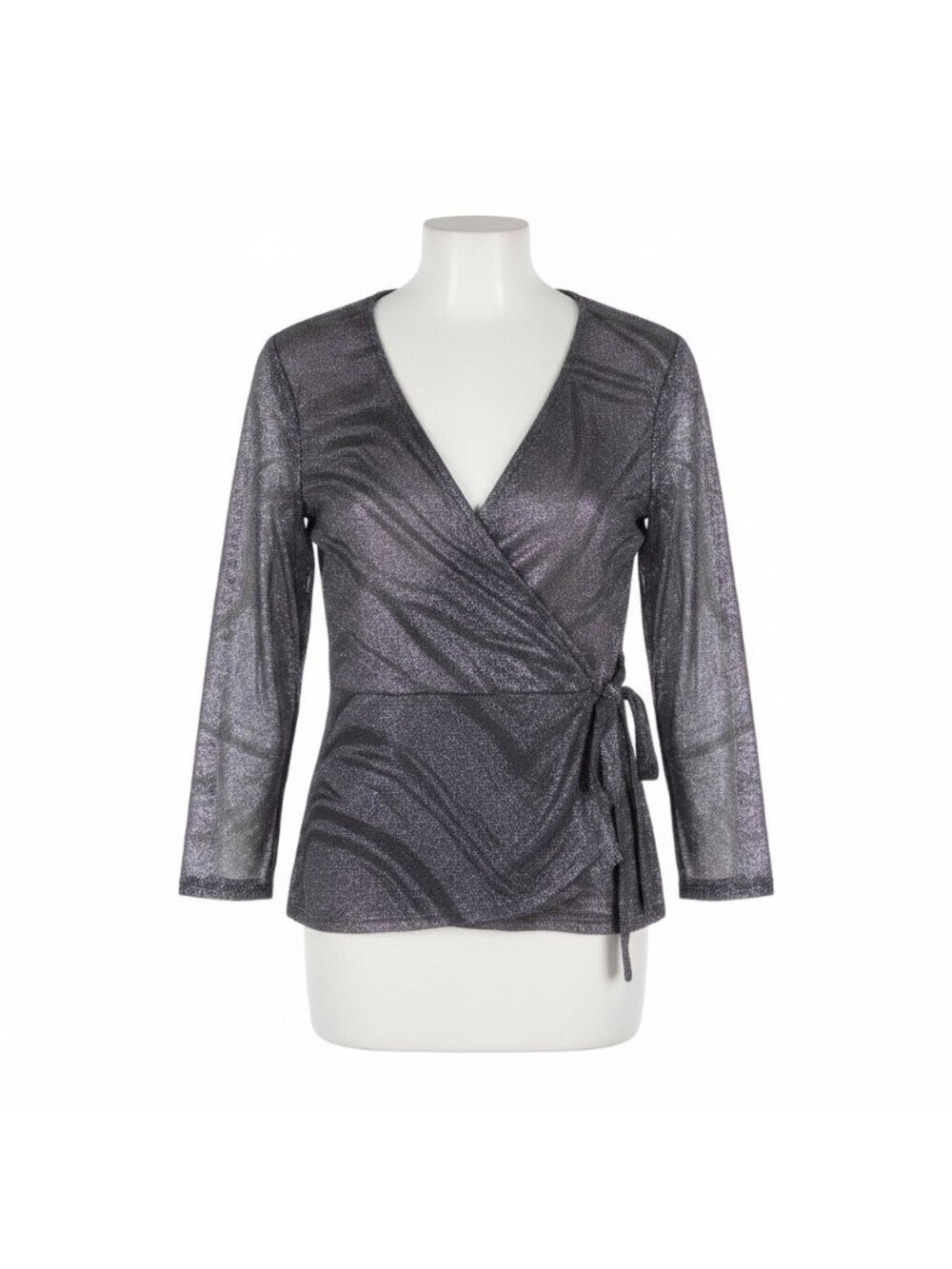 Zero 2 Eight Women’s Black Metallic Sheer Wrap Shirt With V-Neck Size L